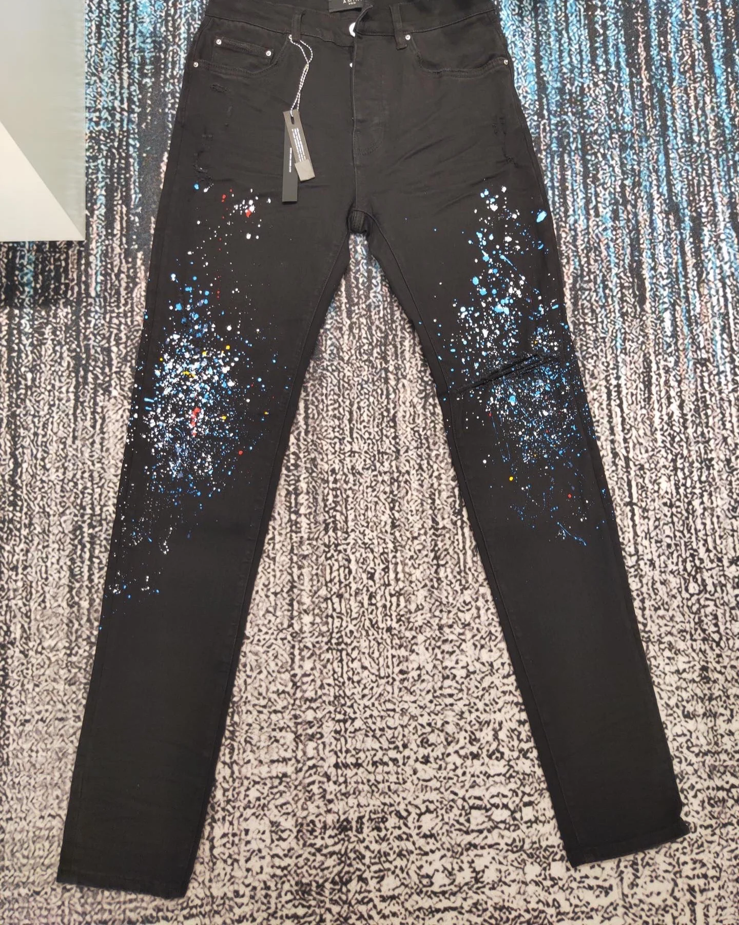 

High quality jeans men's color dot paint splash ink stretch slimming small foot hole fashion street denim casual pants man