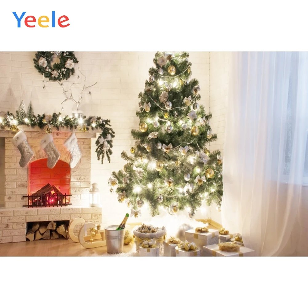 

Christmas Tree Fireplace Wreath Brick Wall Home Decoration Backdrop Photography Custom Photographic Background For Photo Studio