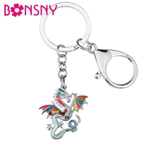 bonsny enamel alloy floral chinese long blue dragon keychains trendy car key chain ring jewelry for women men teen charm gifts