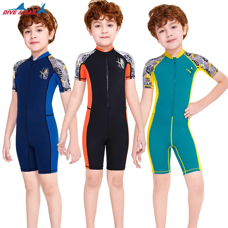 

3 Colors One-piece Swimsuit for Kids Boys Girls Sunscreen Wetsuit Short Sleeve Breathable Quick Dry Jumpsuit Anti-uv Swimwear