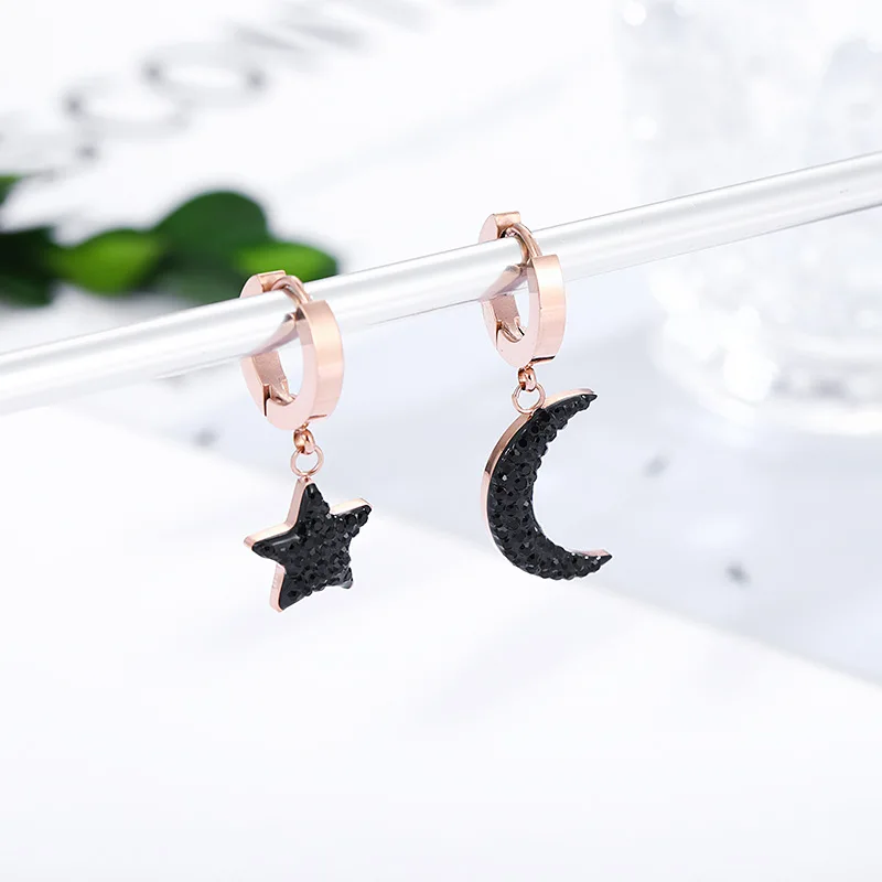 The Stars of Moon Stud Earrings Titanium Stainless Steel Inlaid Zircon Rose Gold Fashion Trendy Women Jewelry Gift | Украшения и