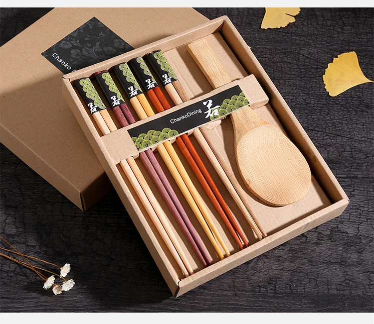 

5pcs Chinese chopsticks Cherry wooden chopsticks pointed domestic tableware long creative no slip chopsticks Gift box