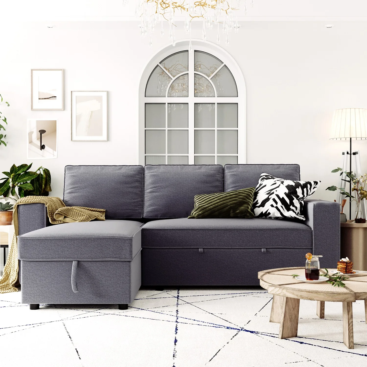 

91.5" Reversible Pull out Sleeper Sectional Storage Sofa Bed,Corner sofa-bed with Storage Chaise Left/Right Handed Chaise