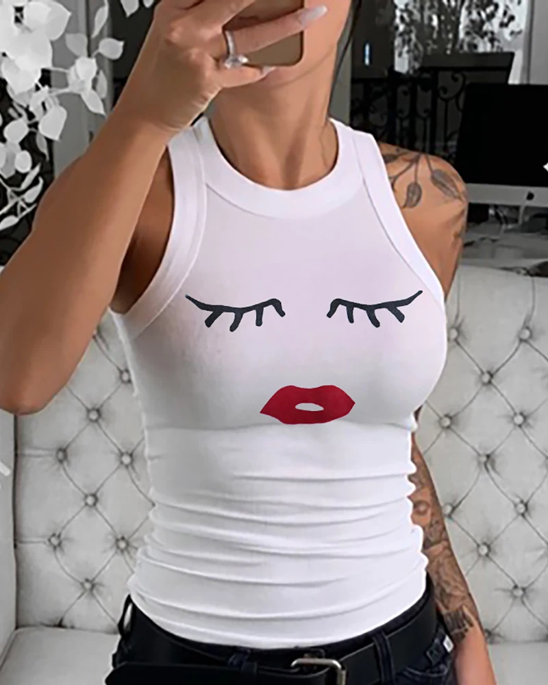 

Women Round Neck Ribbed Tank Top Sleeveless Casual Basic Tops Eyelash Lip Print Tank Top Camisole Women