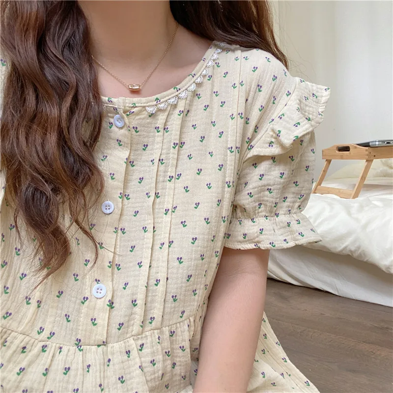 

Apricot Printed Chic Florals Comfortable Homewear Princess Dress Summer Loose Sweet Pajamas Cotton Sleepwear Women Nightdress