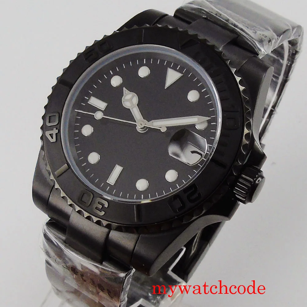 

40mm Black PVD Plated Sterile Dial Men Watch Sapphire Crystal NH35 MIYOTA 8215 PT5000 Automatic Movement Brushed Bezel Insert