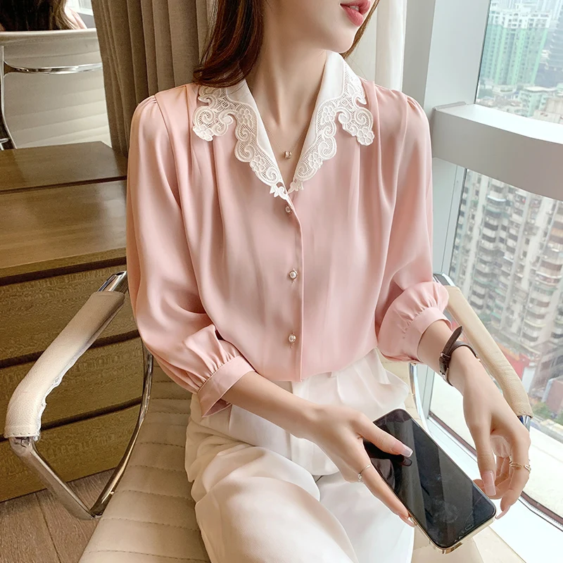 

Houthion Women's Blouse Chiffon Top Casual Fashion New 2021 Lace Stitching Solid Color 3/4 Sleeve V-neck Shirt Korean