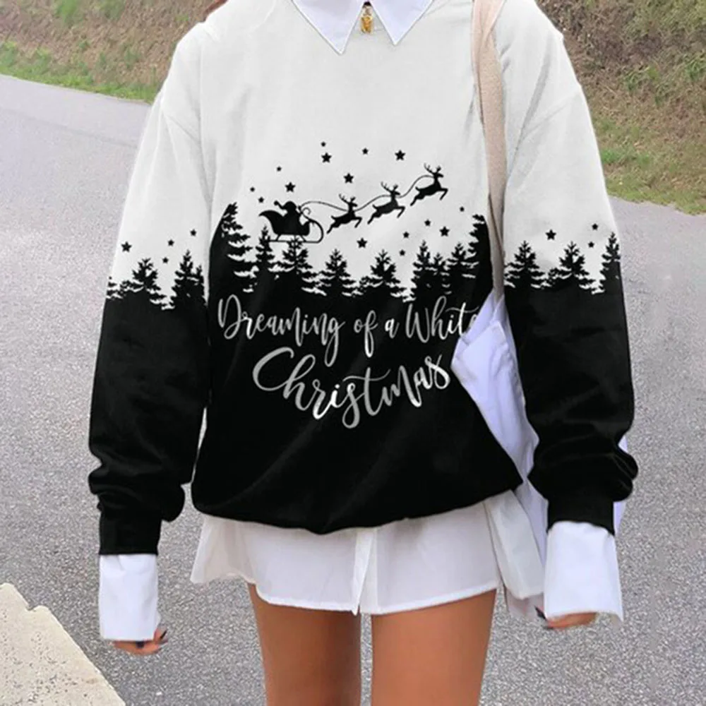 

Christmas Listing Fashion Women Hoodie Casual Long Sleeve Round Neck Pullover Festival Winter Lady Hoodie Patchwork Loose Tops