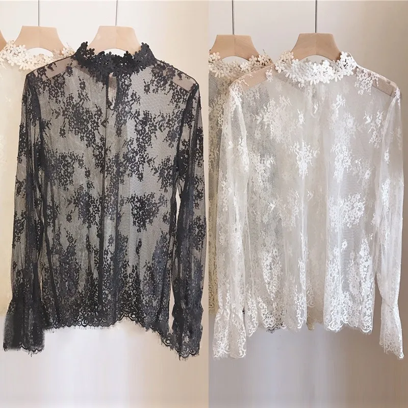 

Female Shirt Fashion Sweet Hollow Out Lace Bottoming Shirts Sexy Mesh Perspective Solid Blouse