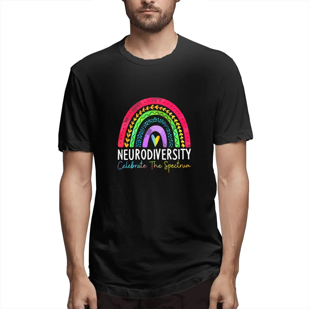 

Neurodiversity Autism Spectrum ASD ADHD Rainbow Bo Graphic Tee Men's Short Sleeve T-shirt Funny Cotton Tops