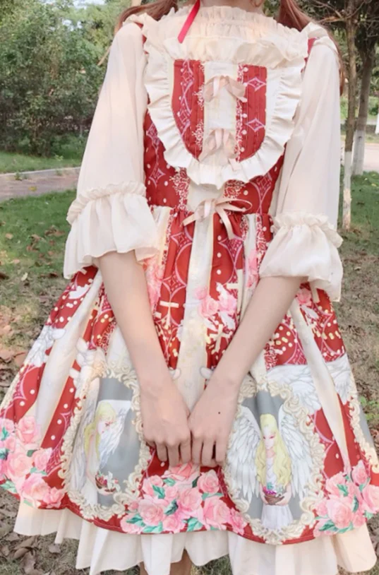 

Chinese style Soft sister Vestidos Dress bowknot high waist lace Ruffle printing College style palace kawaii Lolita jsk dress
