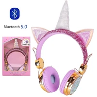 Bluetooth Golden Cute Unicorn Headphones Wireless Girls Kids Cartoon Stereo Headset Microphone Learning Headset for iOS Android
