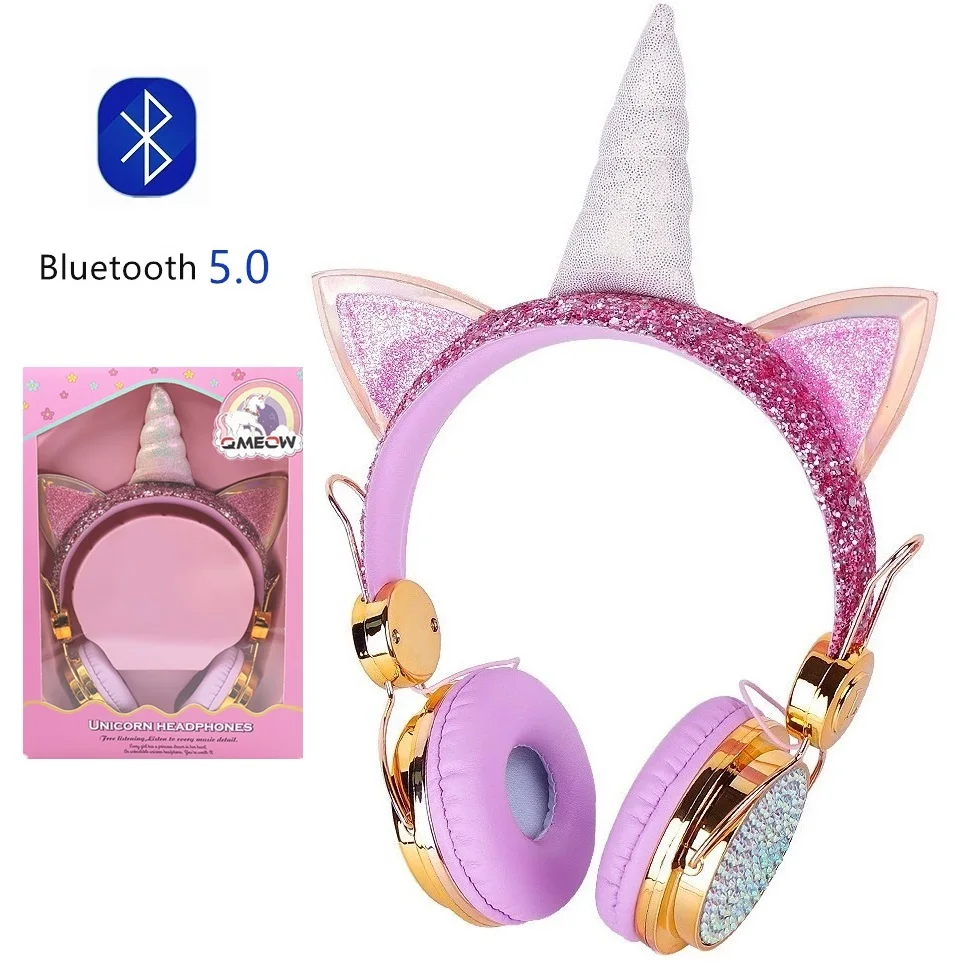 Bluetooth золотые милые наушники с единорогом беспроводные детские мультяшным