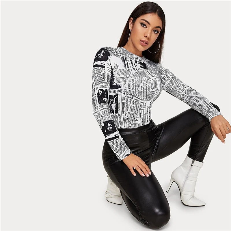 SHEIN Женская Повседневная футболка с буквенным принтом и круглым вырезом на весну и осень, облегающие уличные футболки с длинным рукавом