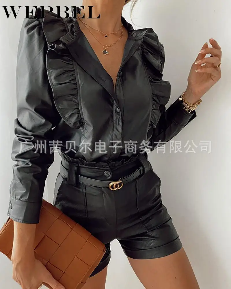 

WEPBEL Autumn Motorcycle Steampunk Zipper Women Leather Jacket PU Coat Ruffle Long Sleeve Outerwear Lady Street Wear Female Coat