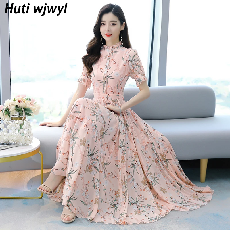 

Женское шифоновое платье-макси с цветочным принтом, средней длины