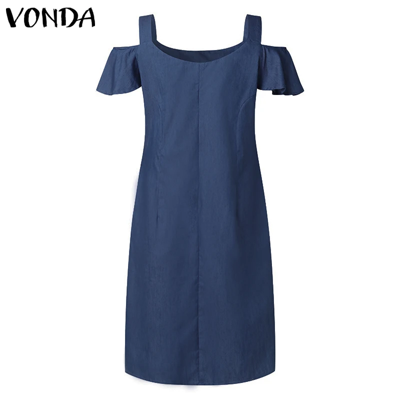 

VONDA Women Casual Denim Dresses 2021 Summer Pregnant Sexy Off Shoulder O Neck Short Sleeve Maternity Plus Size Ruffles Vestidos