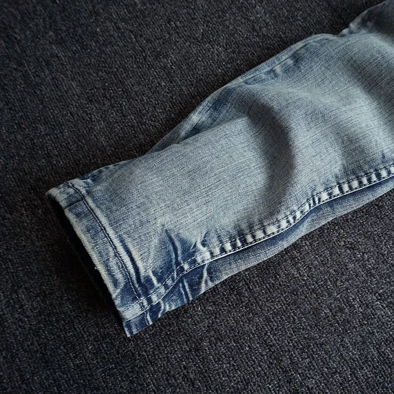 Korean Style Fashion Men Jeans Retro Light Blue Elastic Slim Fit Ripped Jeans Men Embroidery Designer Casual Denim Pencil Pants