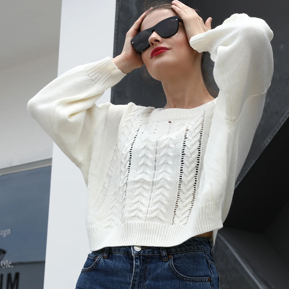 Women Knitted White Sweaters Casual Long Sleeve Twist Pullover Sweater Solid Loose Jumpers Knitwear Fashion Fall Winter Clothes | Женская