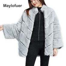 Maylofuer Настоящий рекс кролика летучая мышь пальто полный пелт с длинными рукавами воротник стойка женщины натуральный мех кролика куртки с молнией