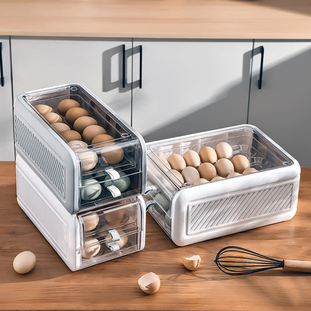 

2 Tier Egg Storage Box Egg Tray containers Kitchen Refrigerator 24 Grid DrawerType Egg Holder for Refrigerator Storage Container