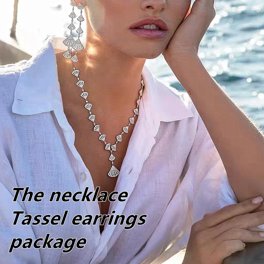 

New fan 925 silver necklace sweater chain earrings Fashionable high sense jewelry Lady earrings tassel earrings Christmas gift