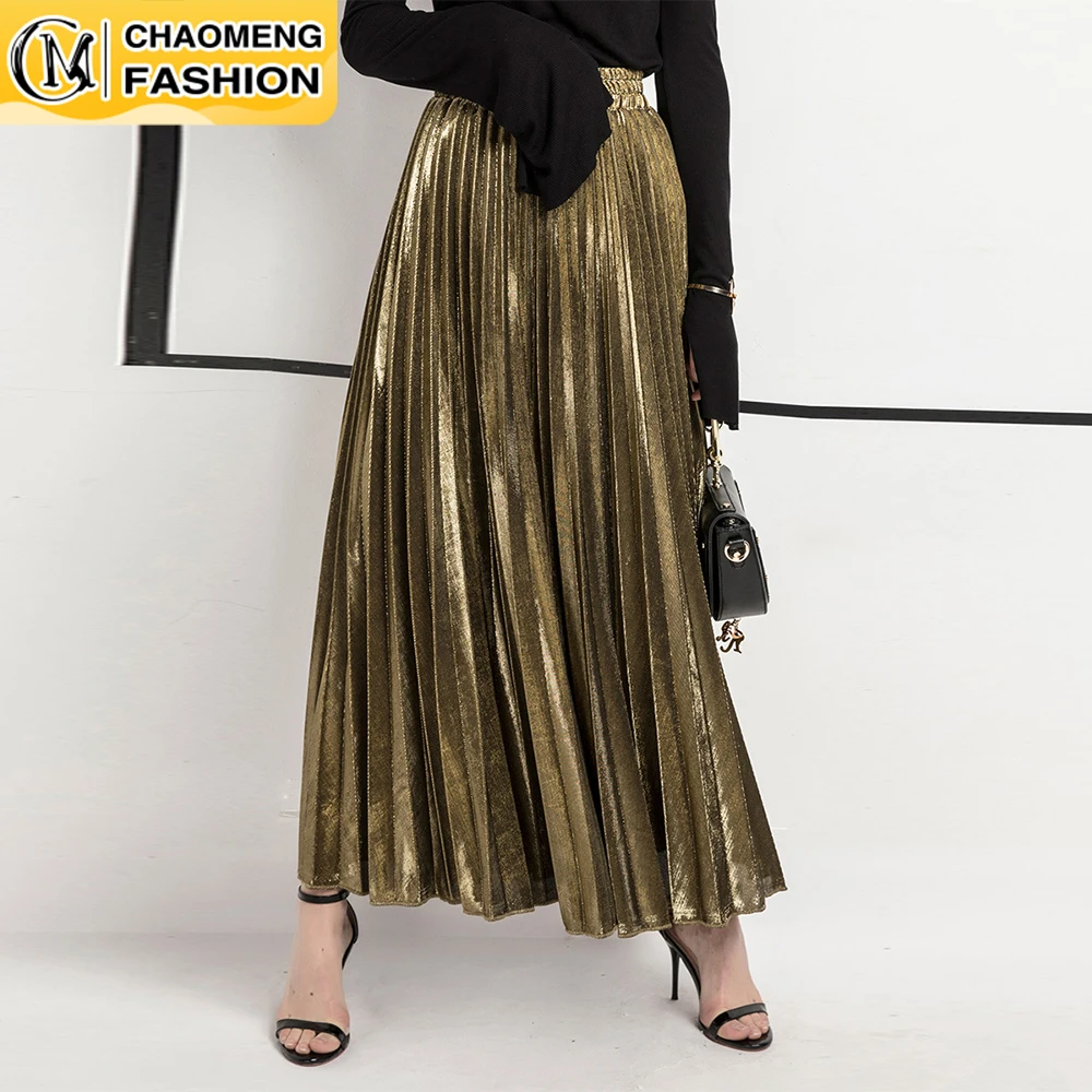 

New Arrival Women Elegant Satin Pleated Autumn Winter Fashion Party Office Solid Color High Waist Muslim Long Chic Maxi Skirt