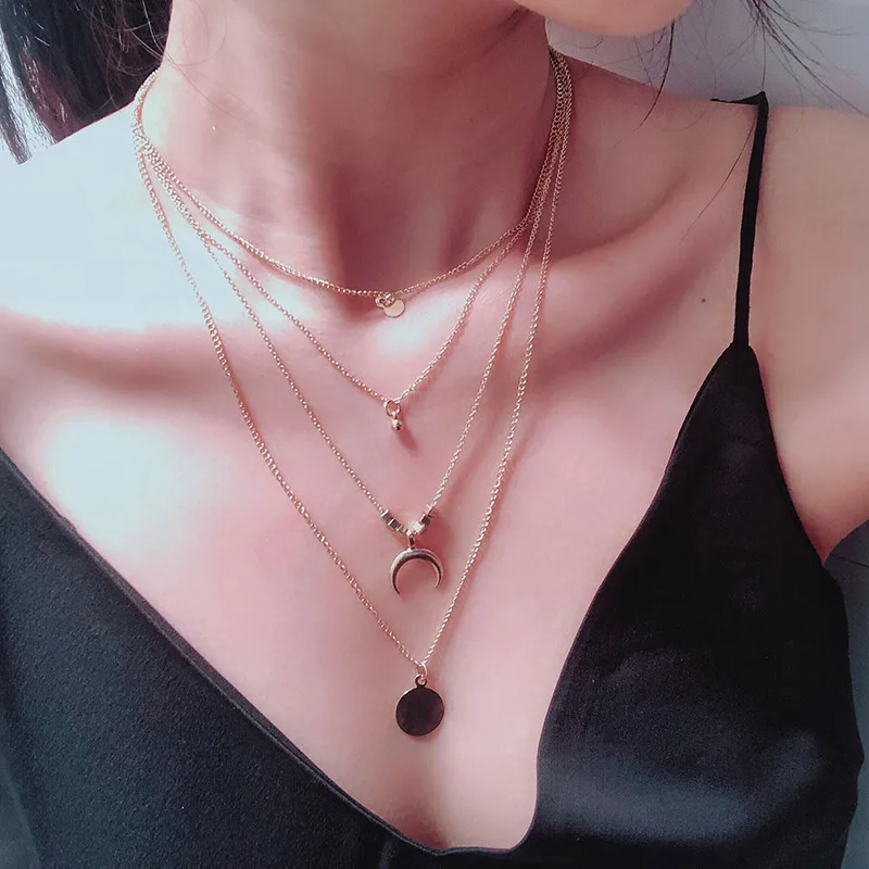 

Fashion Multilayer Necklaces & Pendants Vintage Moon Choker Necklace for Women Alloy Metal Gold Collier Femme Party Jewelry