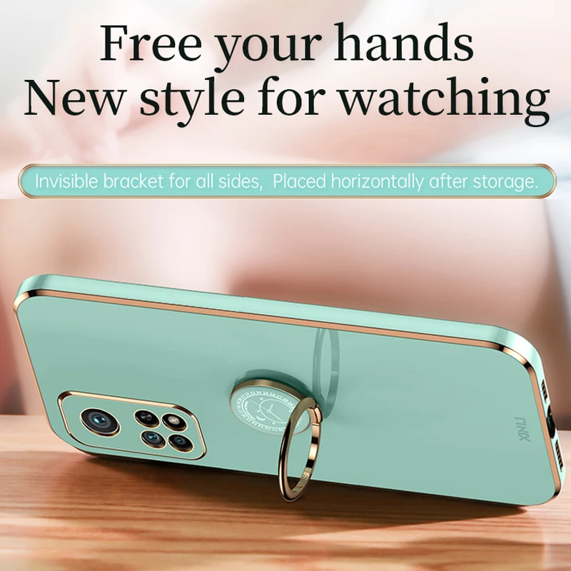 New Green Full Cover Case For Xiaomi Mi 10t Pro 5G Mi10t Xiomi 10 T 10tpro Plating Square Silicone Ring Holder Stand Cover Case