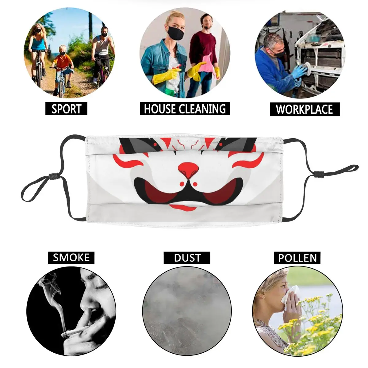 

Kitsune Non-Disposable Face Mask Kabuki Japanese Ukiyo Art Anti Haze Dust Mask Protection Mask Respirator Mouth Muffle