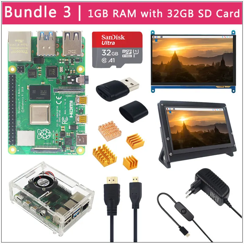 1GB RAM Raspberry Pi 4 Модель B ЖК-комплект+ 7 дюймов сенсорный экран+ держатель+ 64 32 Гб sd-карта+ вентилятор+ радиатор+ мощность+ Micro HDMI для Pi 4 - Комплект: 1GB RAM