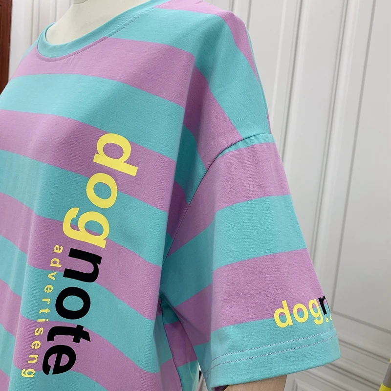 

2021 Spring Summer Plus Size Striped T-shirt Short Sleeve Mid-Length Loose Slimming Lady Tee Korean Style Fashion Simple Top
