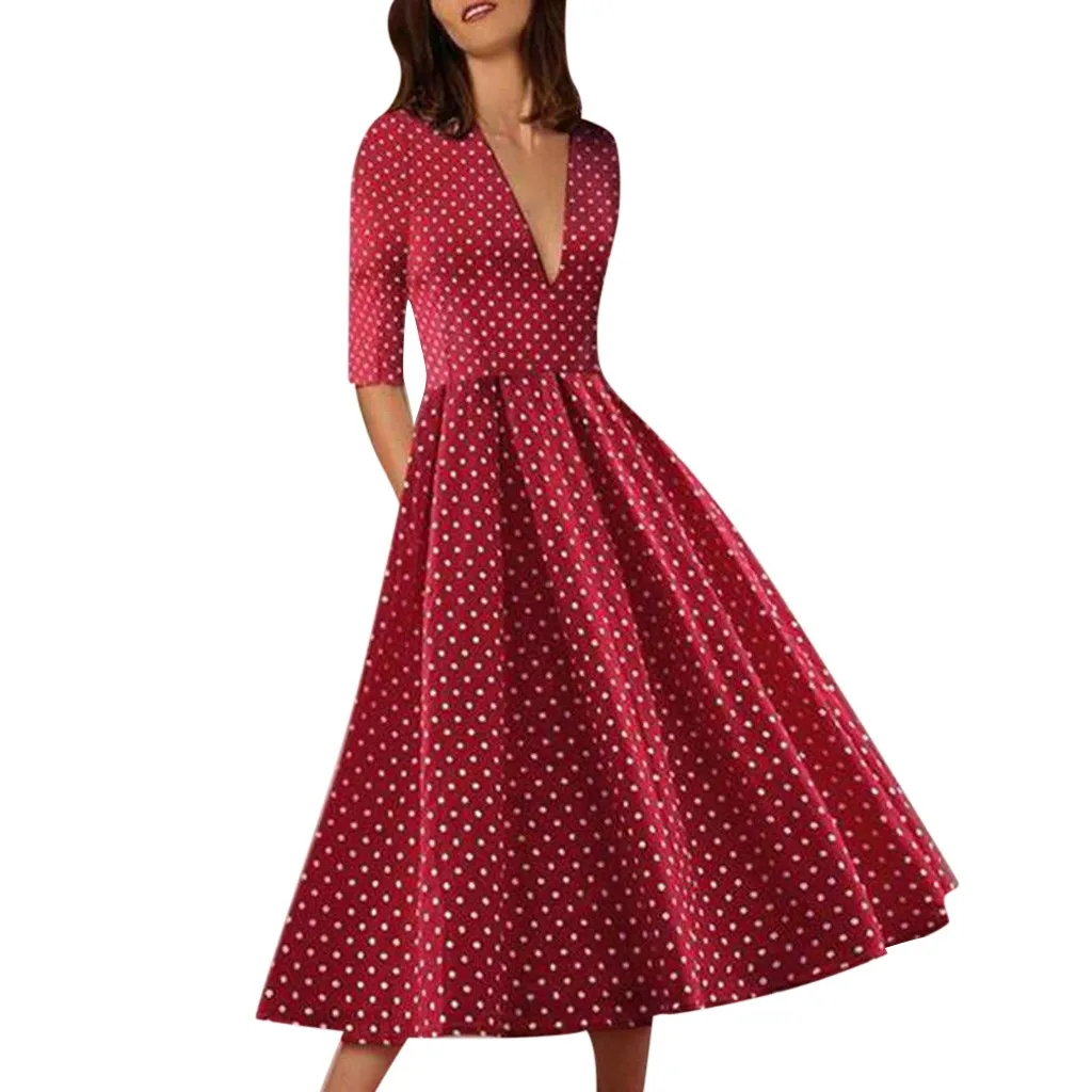 Модное платье в горошек женское сексуальное с глубоким v образным вырезом