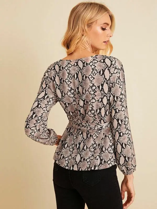 

Hirigin Fashion Women Long Sleeve Loose Blouse Casual Shirt Snakeskin Print Waistband Tops Shirt