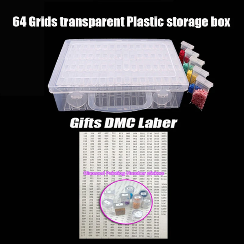 

64 Slots Diamond Painting Storage Containers Portable Plastic Bead Storage Box with Plate 200pcs Label Stickers and Tweezers