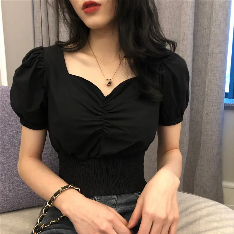 2019 корейский летний женский винтажный буф с коротким рукавом повседневная