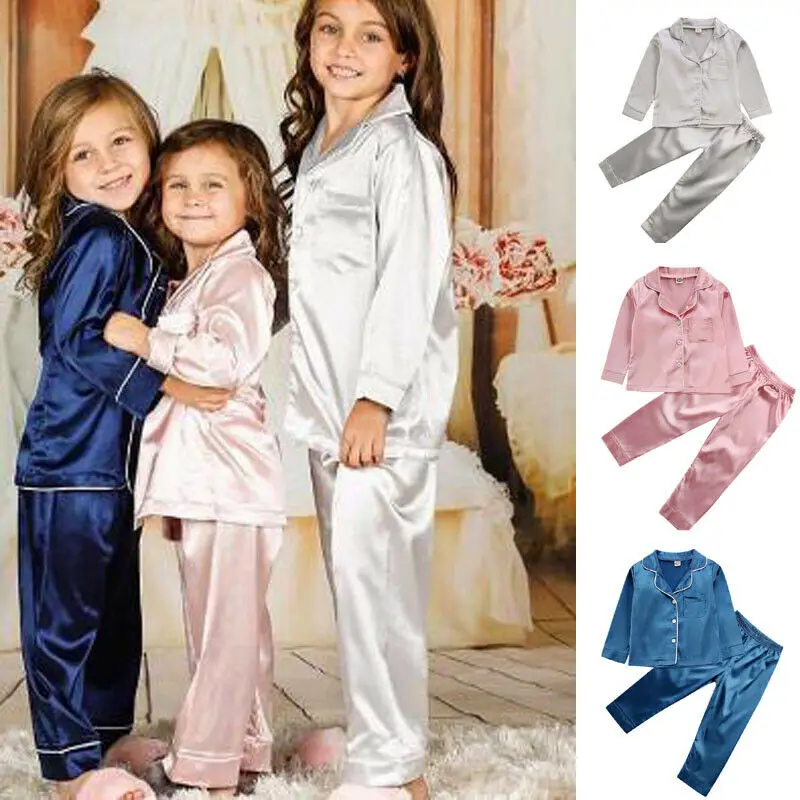 

2PCS Spring Autumn Fashion Toddler Baby Kids Girls Satin Pajamas Set Casual Solid Long Sleeve Button-Down Sleepwear 1-7T