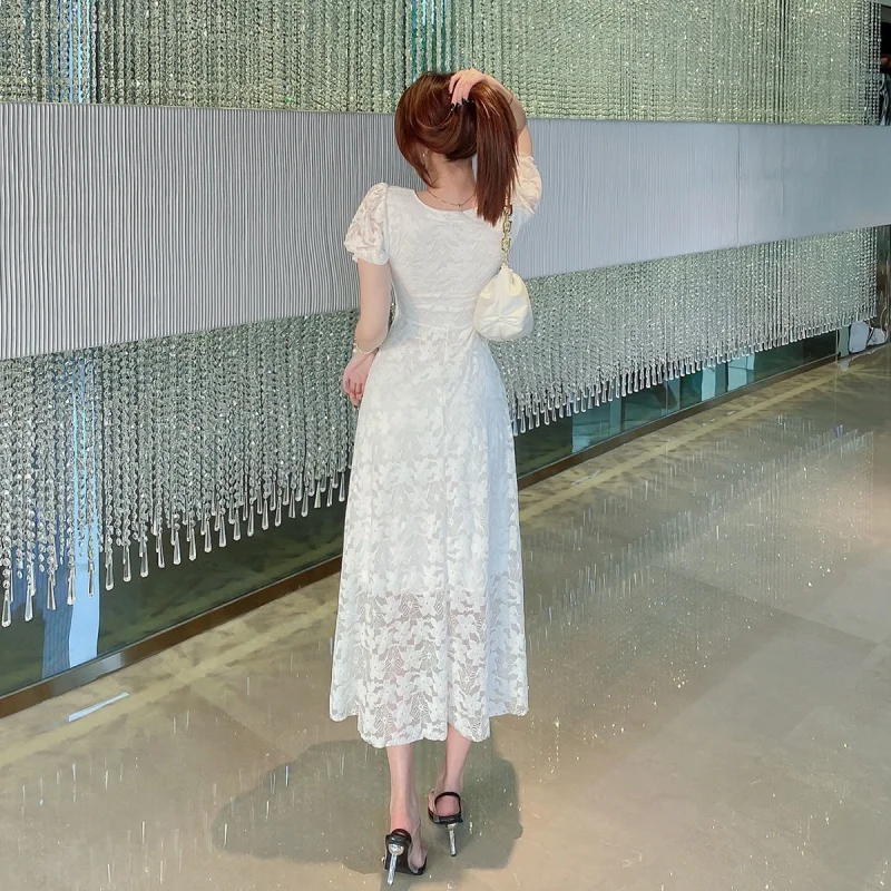 

Elegant Woman White Party Dresses Chic Zipper V-neck Short Puff Sleeve Slim Long Lace Dress Hollow Hook Flowers Female Vestidos