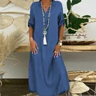 Женское джинсовое платье, повседневное весеннее синее платье макси с V-образным вырезом и полурукавом, 2021, длинные платья с разрезом, лето, 5XL, размера плюс