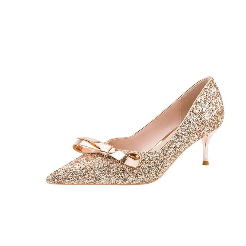 

High Heels Sequin Bow Single Shoe Woman for Wedding Party Plus Size 41