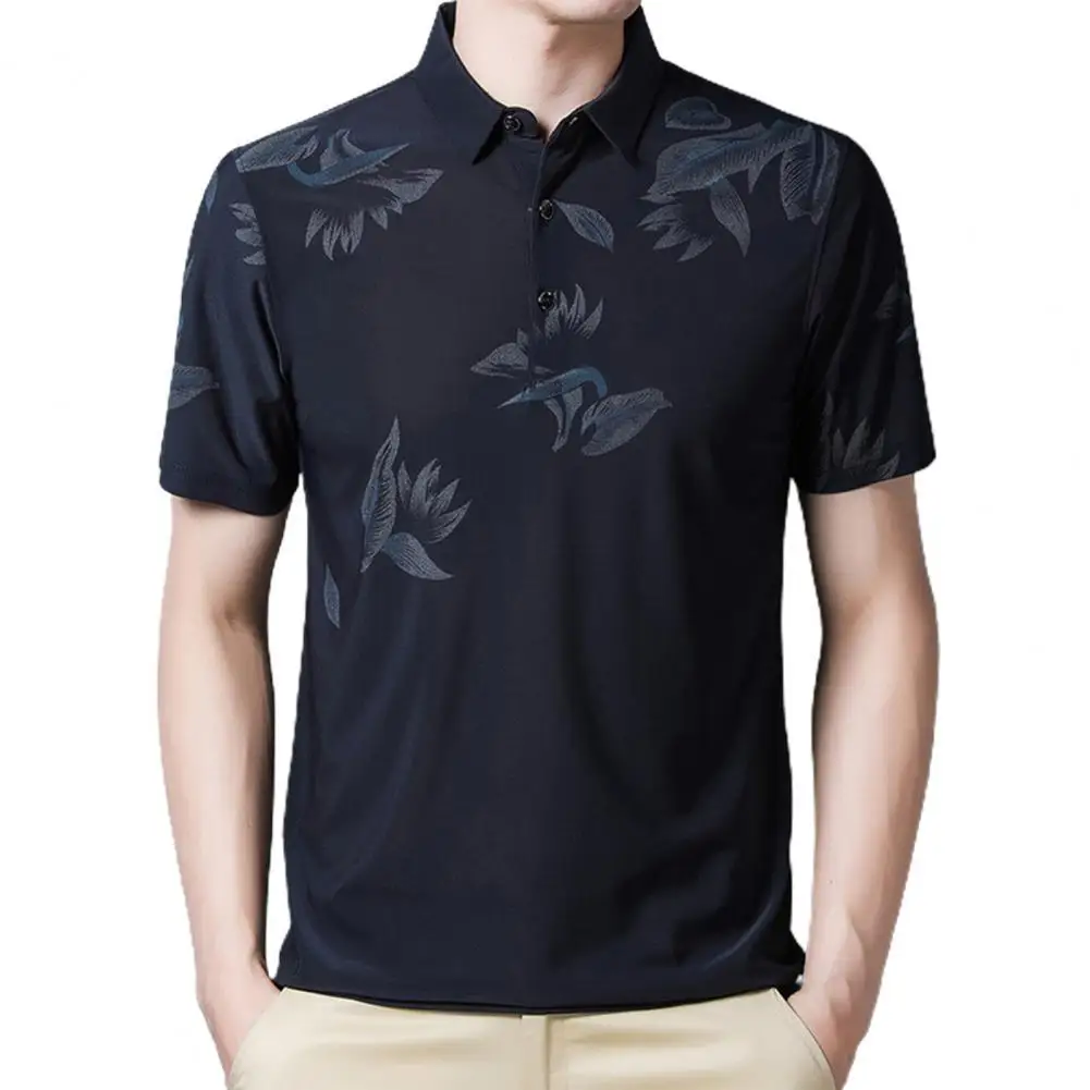 

T-shirt Floral Print Short Sleeve Polyester Men Turn Down Collar Shirt Top for Summer Polo-Shirt Men Casual Male Tops Clothing