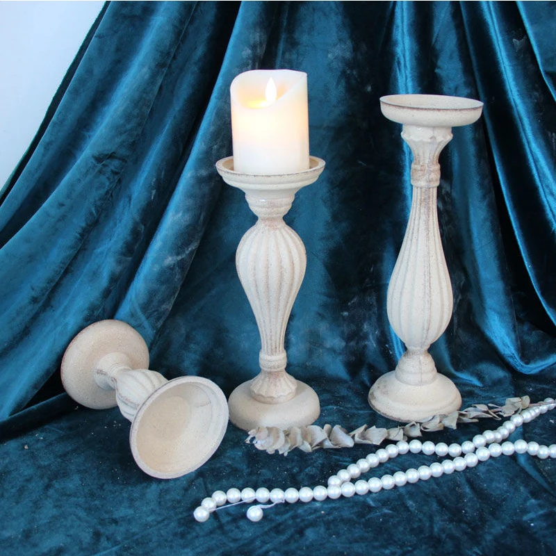

White Candelabro Vintage Distressed Wooden Candlestick Tray Candle Holder Handmade Table Ornaments Wedding Home Decor Holiday