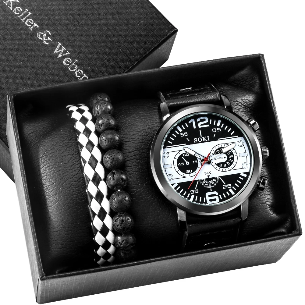 

Men's Quartz Watches Retro Stone Bead Bracelets Men Jewelry Box with Leather Pillow Luxury Present Gift for Husband Boyfriend