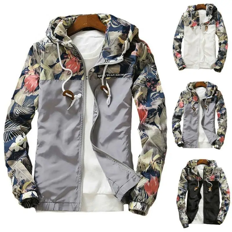 

Men Floral Hoodie Jacket Patchwork Zip Up Drawstring Casual Slim Fit Outwear Autumn