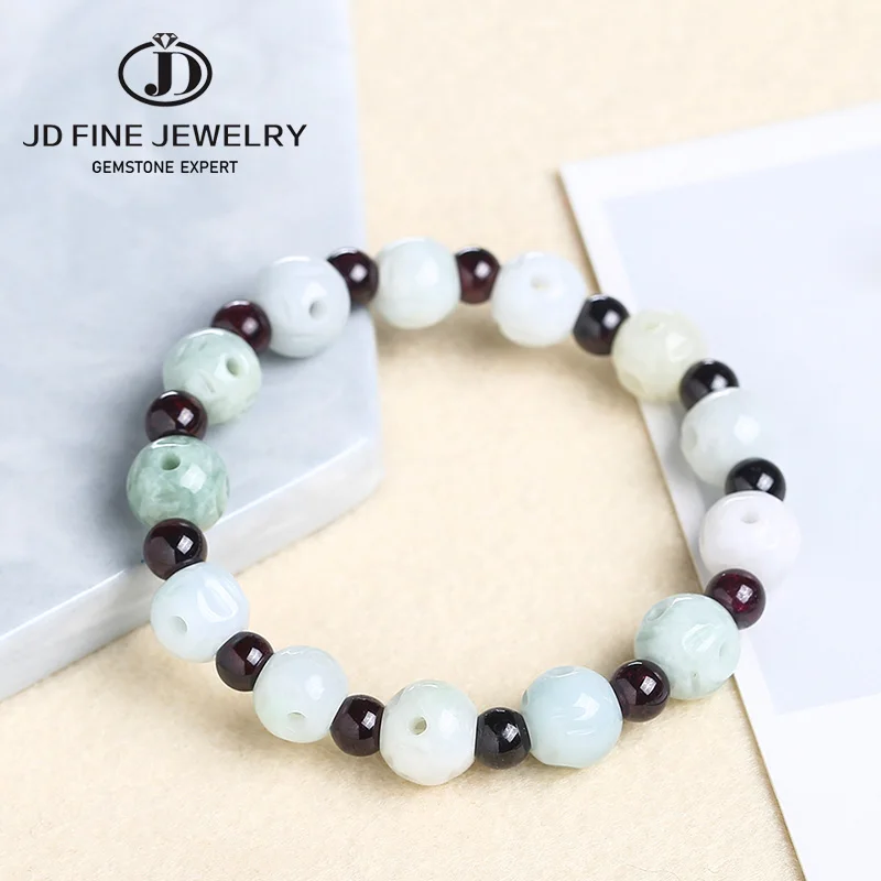 

JD Natural Jade Emerald & Garnet Beads Bracelet Adjustable Bangle Charm Jewelry Fashion Accessories Hand-Carved Man Luck Amulet