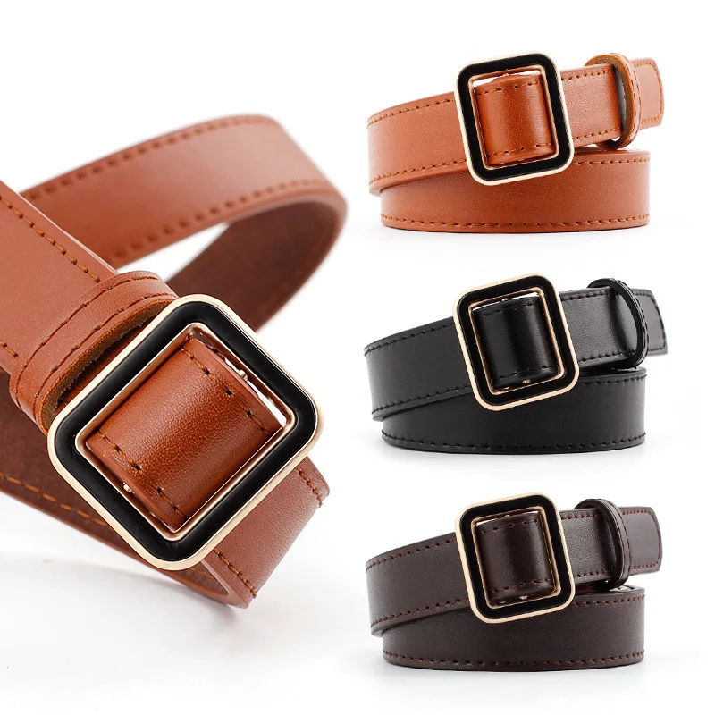 Ремень женский из искусственной кожи тонкий пояс без иглы с квадратной пряжкой