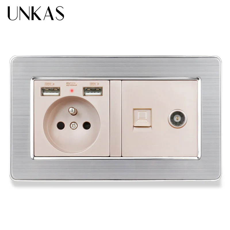 Панельная французская розетка UNKAS из нержавеющей стали с двойным USB портом +
