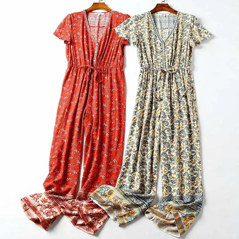 Женский комбинезон с принтом клубники в стиле бохо повседневный v образным