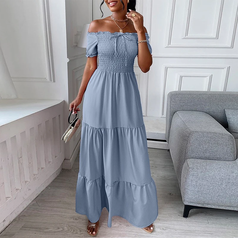 

Womens Long Dress Summer Slash neck Boho Belted Maxi Dress Casual Sexy Party Dress Ladies Bohemian Beach Holiday Sundress 2021