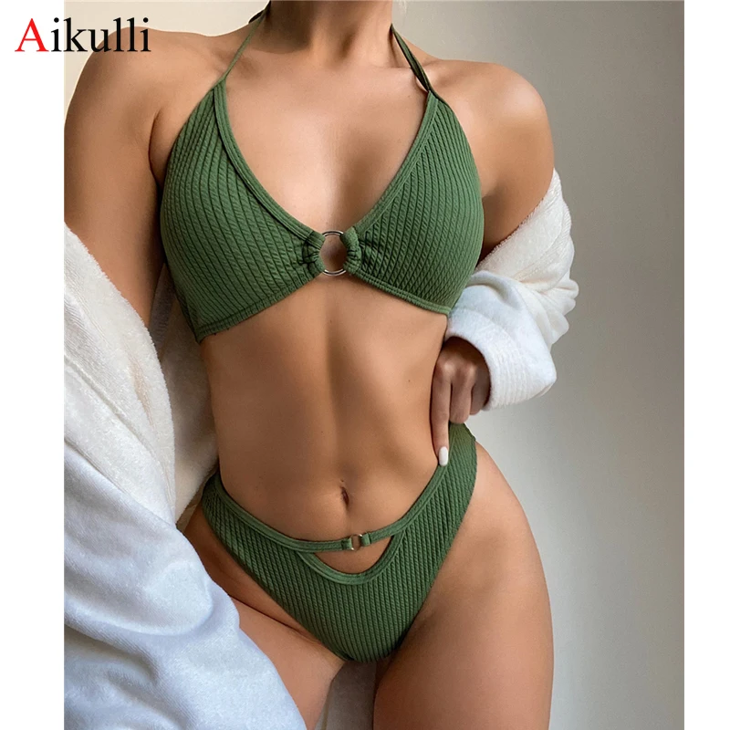 

2021 New Bikini Sexy Hollow Swimwear Army Green Spiral Pit Strip Circle Bikini Set Push Up Bathing Suits Summer Female Beachwear